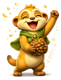 The guardian meerkat cheering with one arm raised, holding a pinecone.