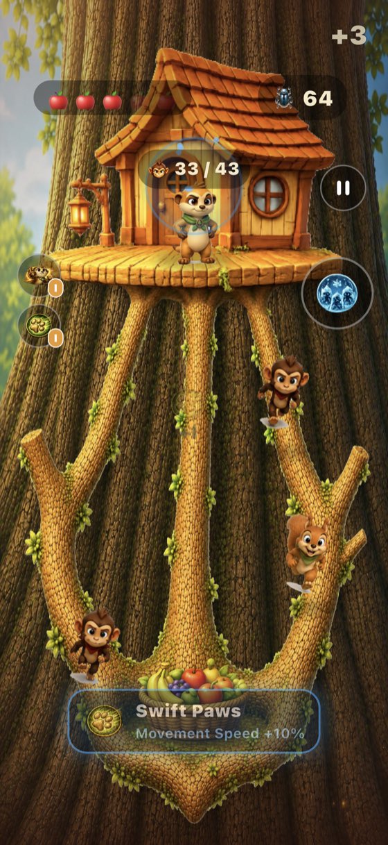 Gameplay: a Swift Paws buff card reading Movement Speed plus ten percent appears above the fruit basket, with three beetles awarded and the guardian meerkat glowing.