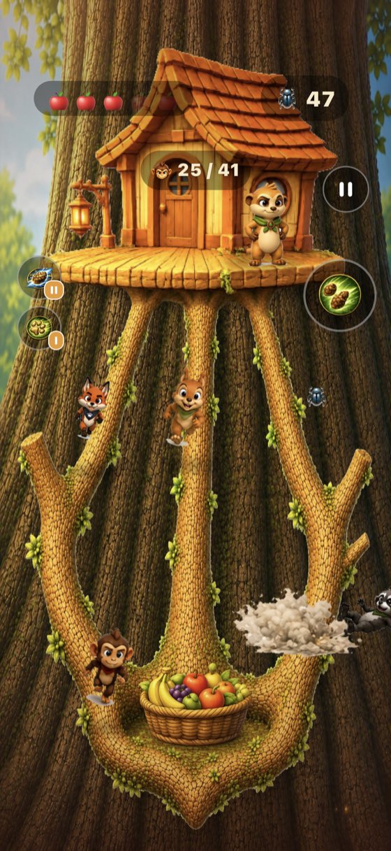 Gameplay: a pinecone connects and a raccoon is knocked off the branch in a burst of dust, leaving a beetle reward behind, while a fox, a squirrel and a monkey keep climbing.