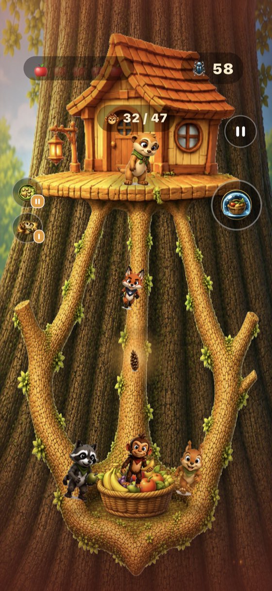 Gameplay: one fruit left in the basket as a raccoon, a monkey and a squirrel reach it together, with a fox climbing close behind and a pinecone already in the air.