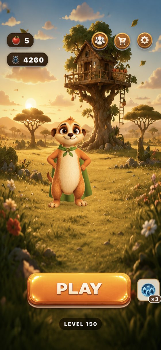 Home screen: the guardian meerkat in a green cape stands on the savanna beneath the treehouse, above a large PLAY button.
