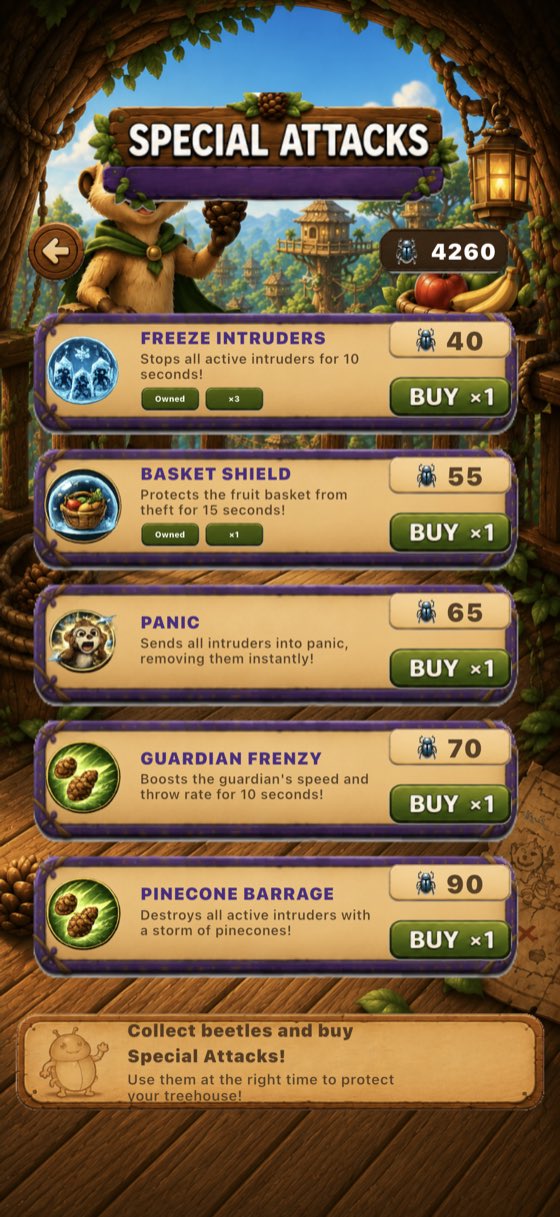 Shop screen listing special attacks — Pinecone Barrage, Basket Shield, Freeze Intruders, Guardian Frenzy and Panic — each with a price in beetles.