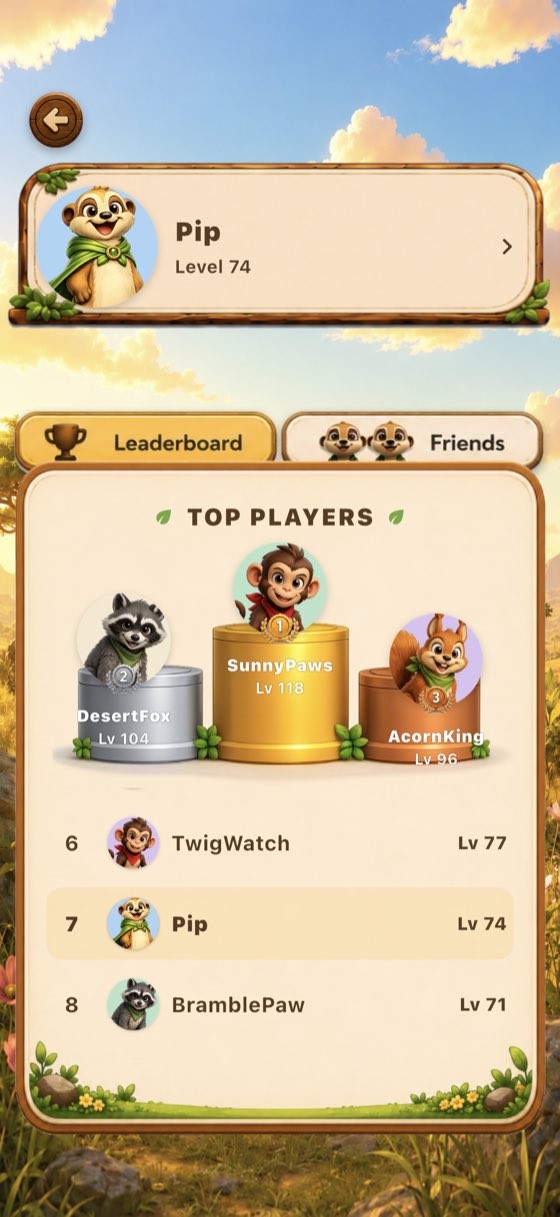 Leaderboard screen with a podium of the top three players and a ranked list below.