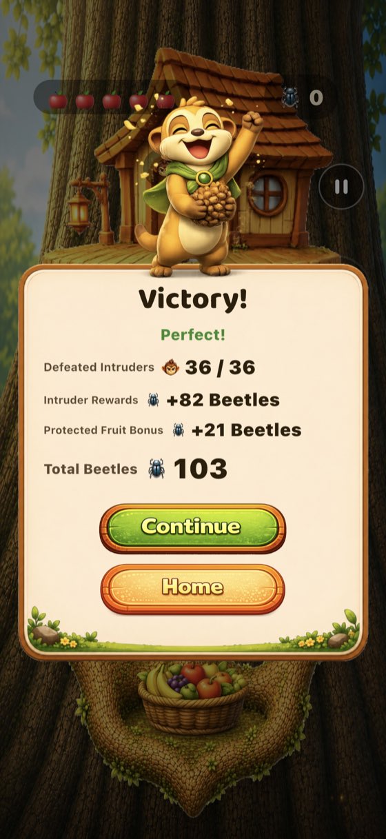 Victory screen reading Perfect, showing intruders stopped, beetles earned and a bonus for fruit saved.